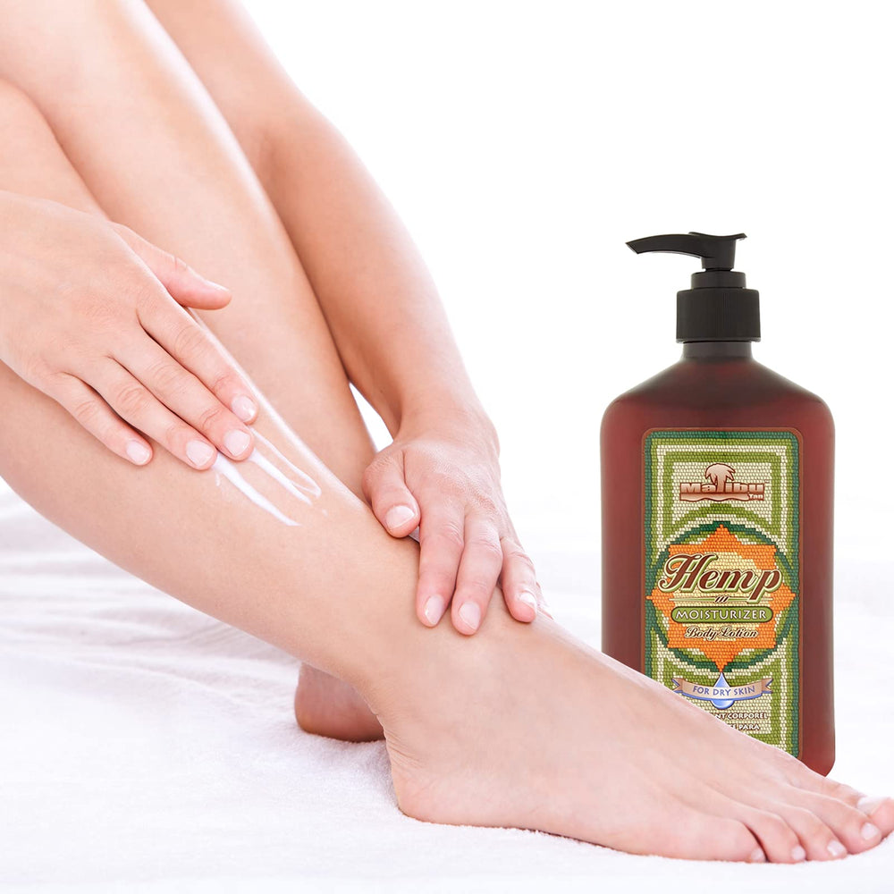 Malibu Tan dry skin hemp lotion bottle with pump for convenient application