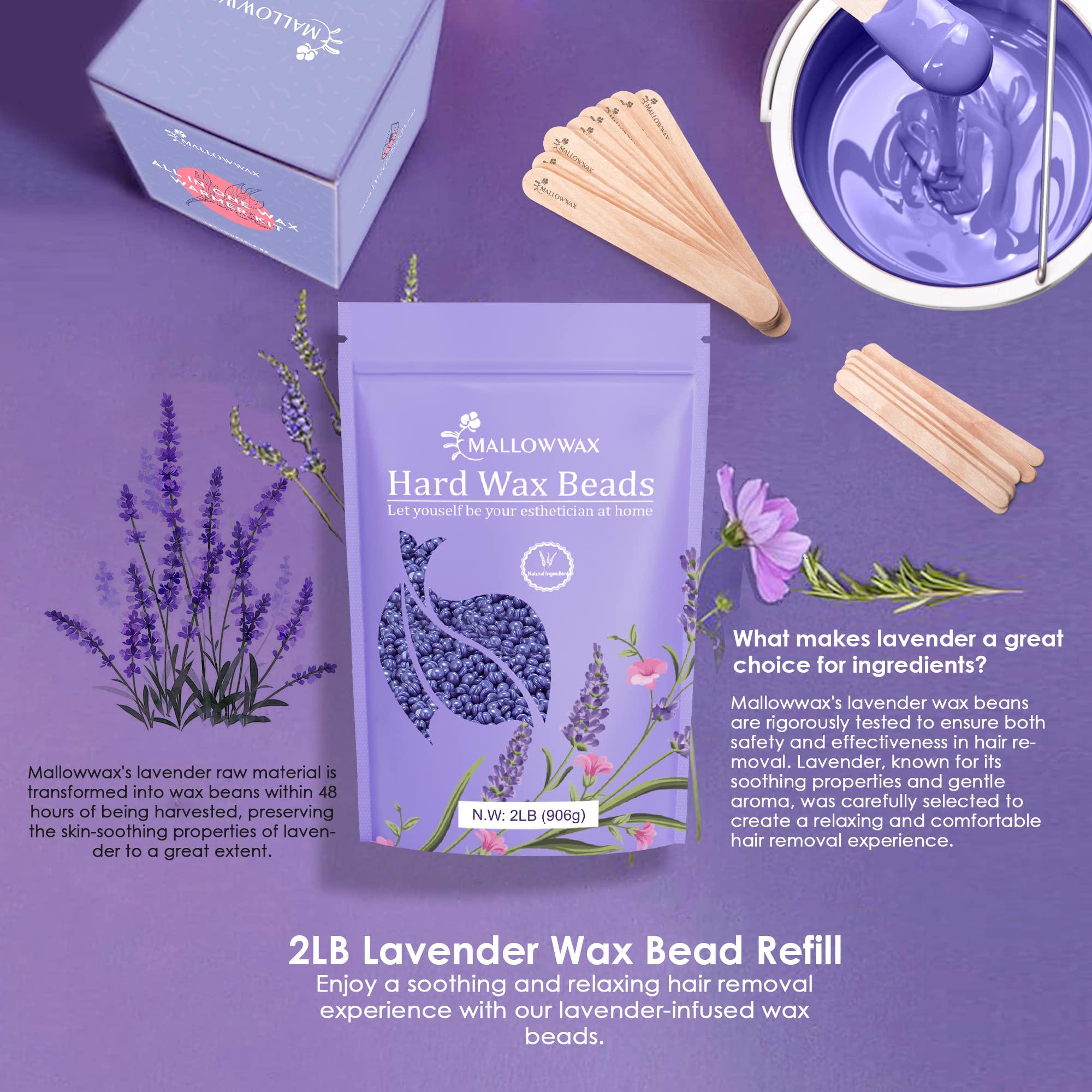 Mallowwax lavender wax beads ideal for bikini-area use with gentle results.