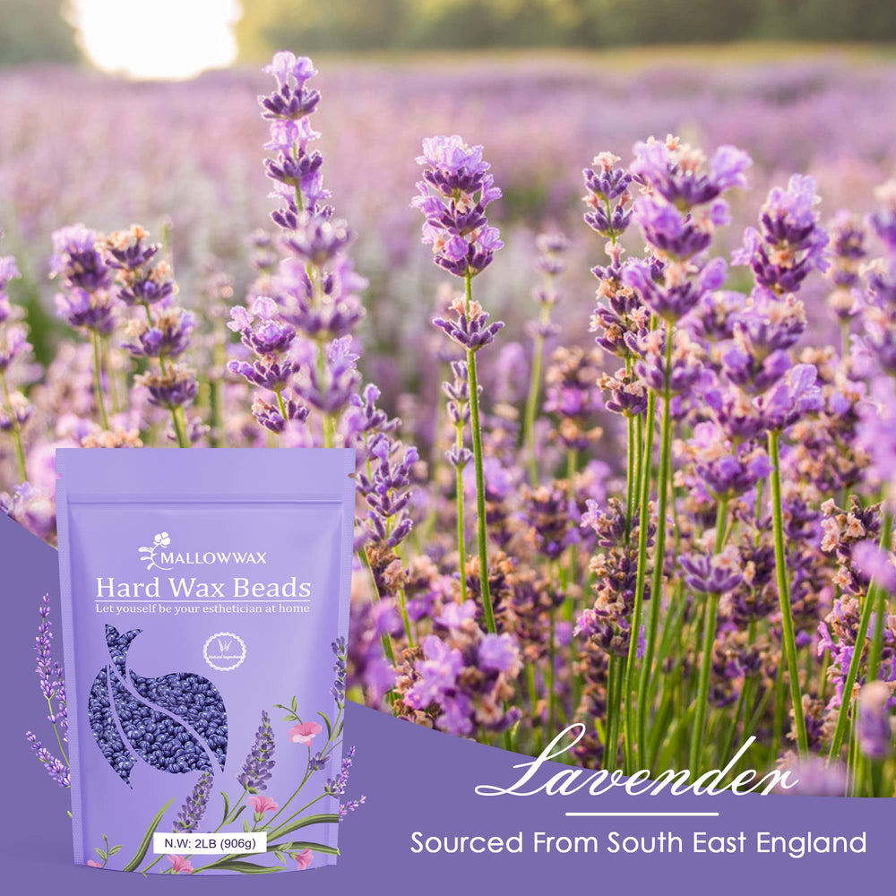 Mallowwax lavender wax beads packaged in glass container highlighting premium lavender scent.