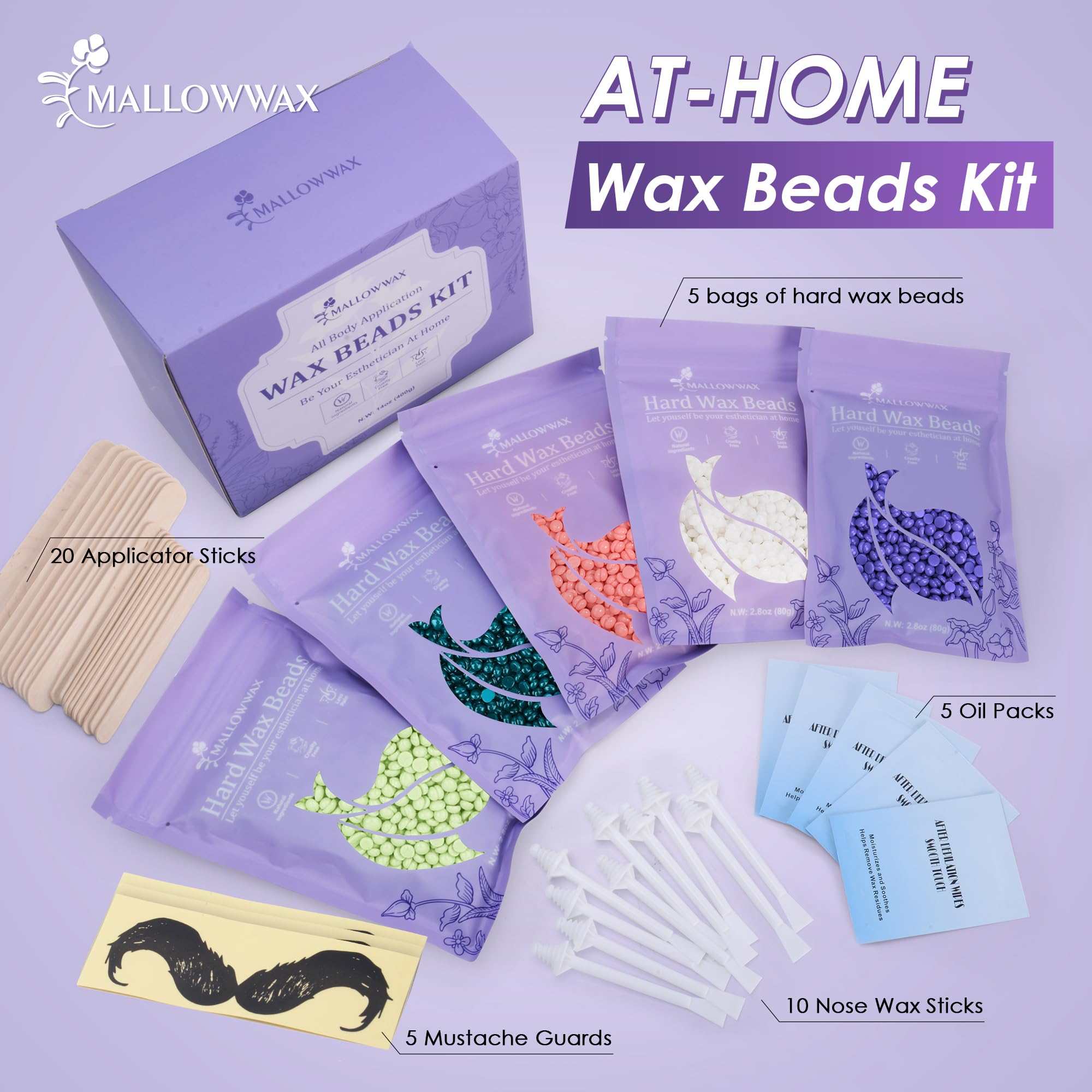 Mallowwax lavender wax beads for efficient coarse hair removal on Brazilian areas.