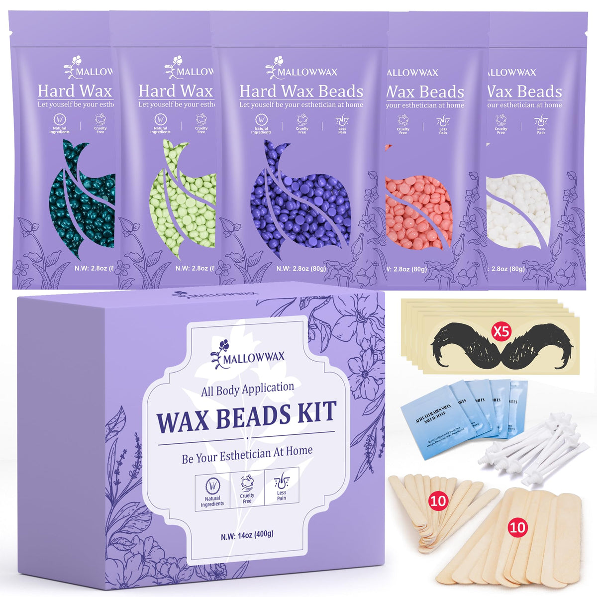 Mallowwax wax beads collection enables versatile at-home waxing sessions.