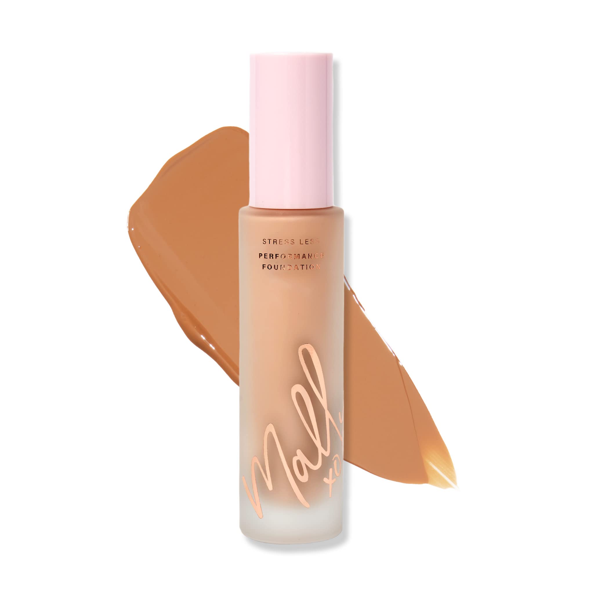 Mally Beauty Stress Less Foundation tan bottle-pump highlights easy application and medium-to-full coverage.