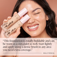Mally Beauty Stress Less Foundation tan brush-application demonstrates lightweight, buildable coverage.