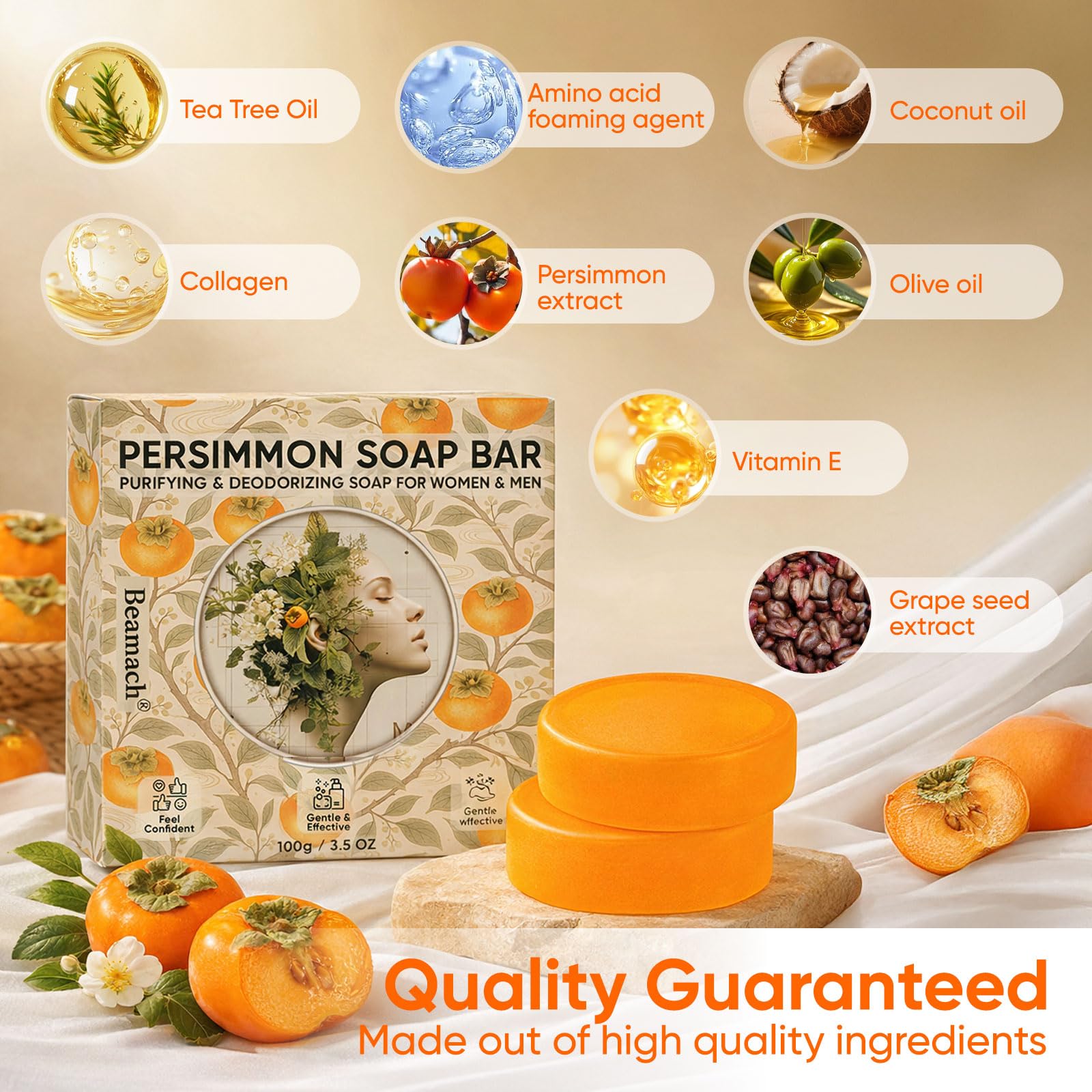 MALVAY Persimmon Soap features green tea and persimmon ingredients for natural cleansing.
