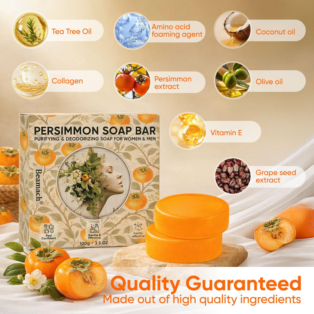 MALVAY Persimmon Soap features green tea and persimmon ingredients for natural cleansing.