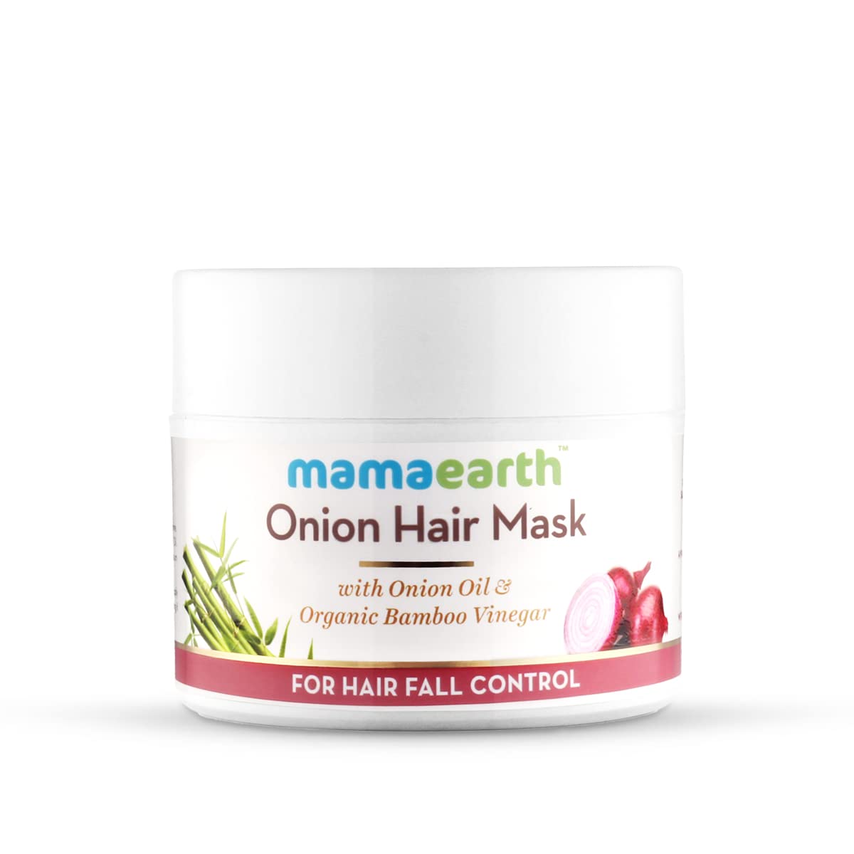 Mamaearth Onion Oil Hair Mask bottle close-up highlighting nourishing formula for scalp health.