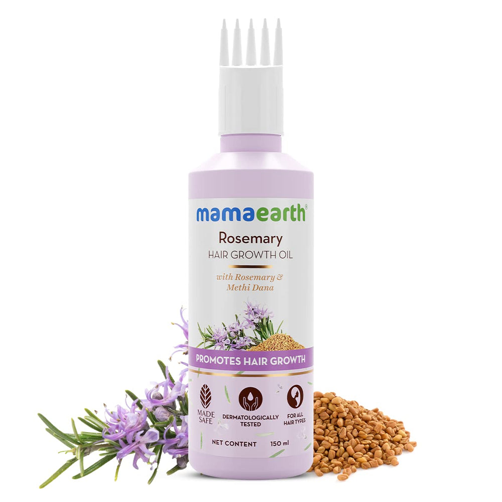 Bottled Mamaearth Rosemary Hair Oil with label highlights lightweight, non-greasy feel.