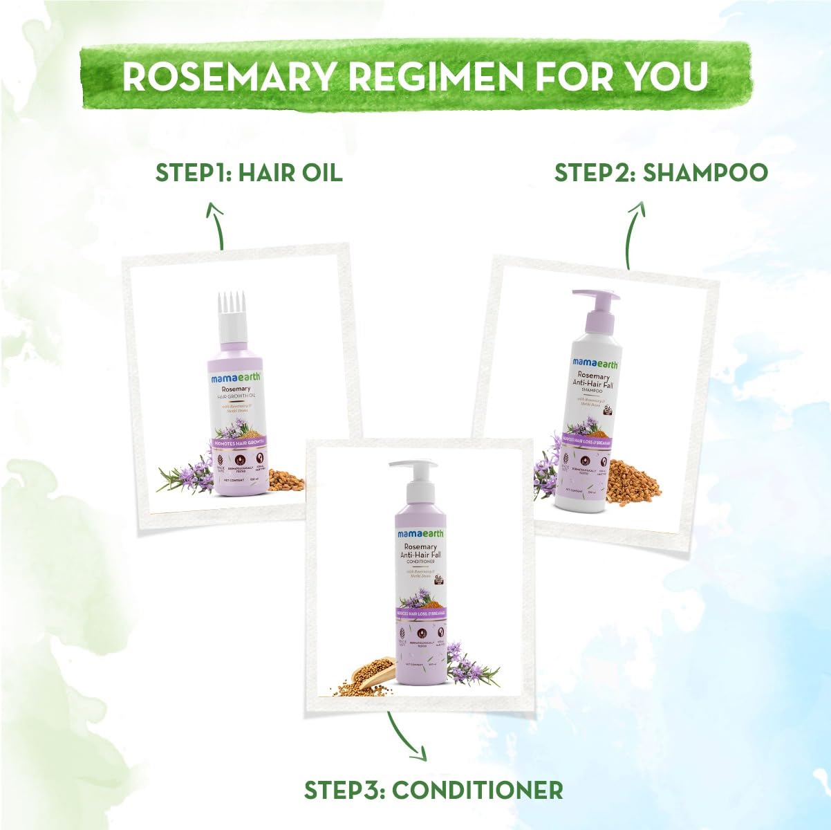 Mamaearth Rosemary Hair Oil on bathroom shelf ready for daily use.
