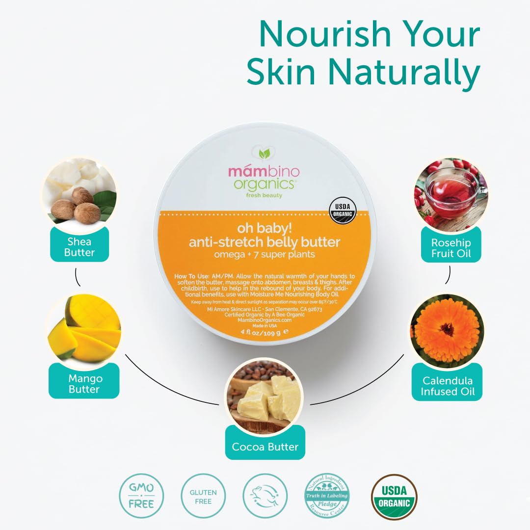 Mambino Oh Baby belly cream label highlighting vegan, cruelty-free care