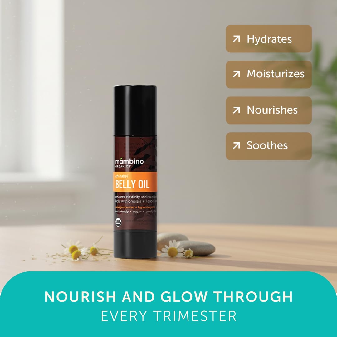Oh Baby belly oil application close-up shows quick-absorbing moisture boost