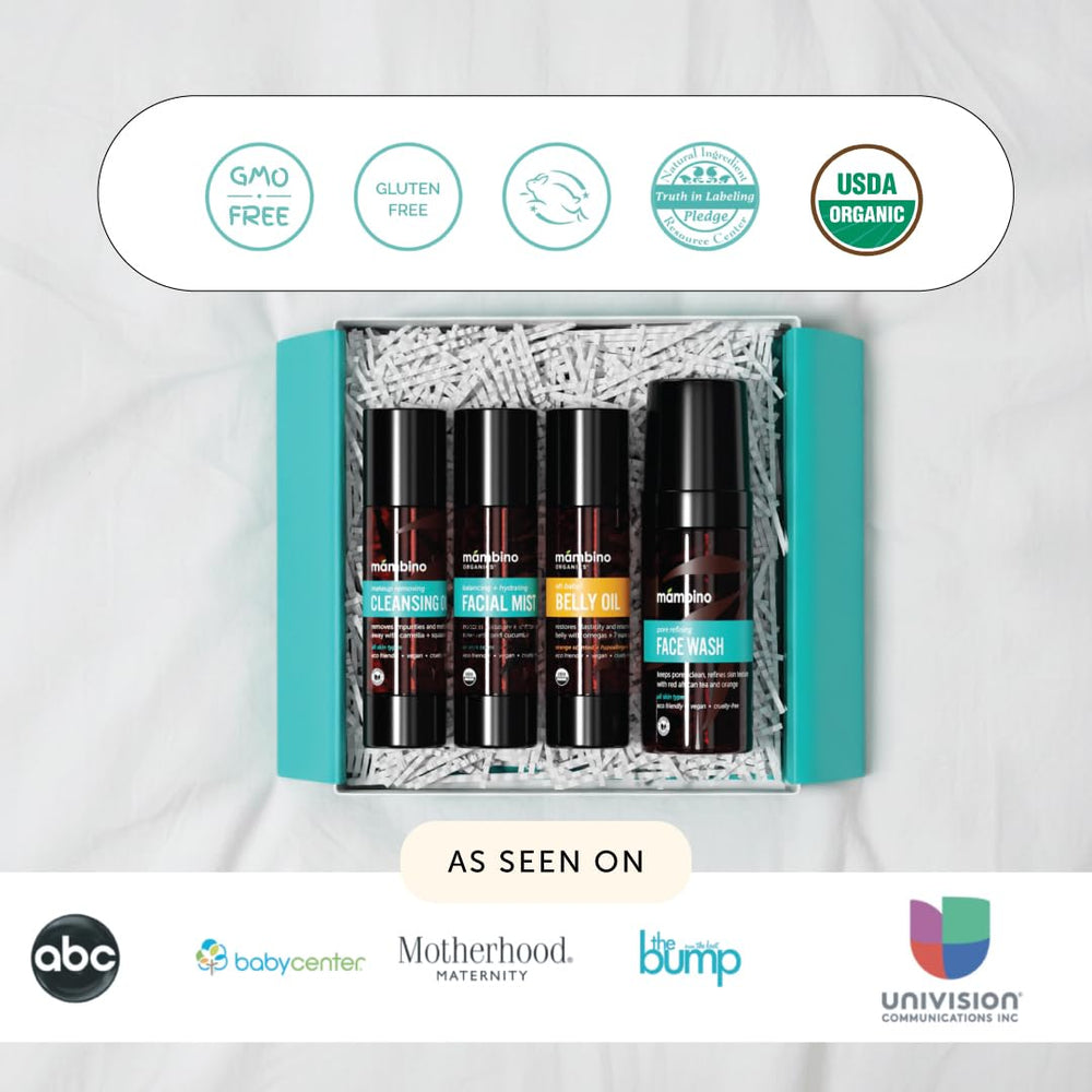 Mambino Organics self-care scene featuring the pregnancy skincare set