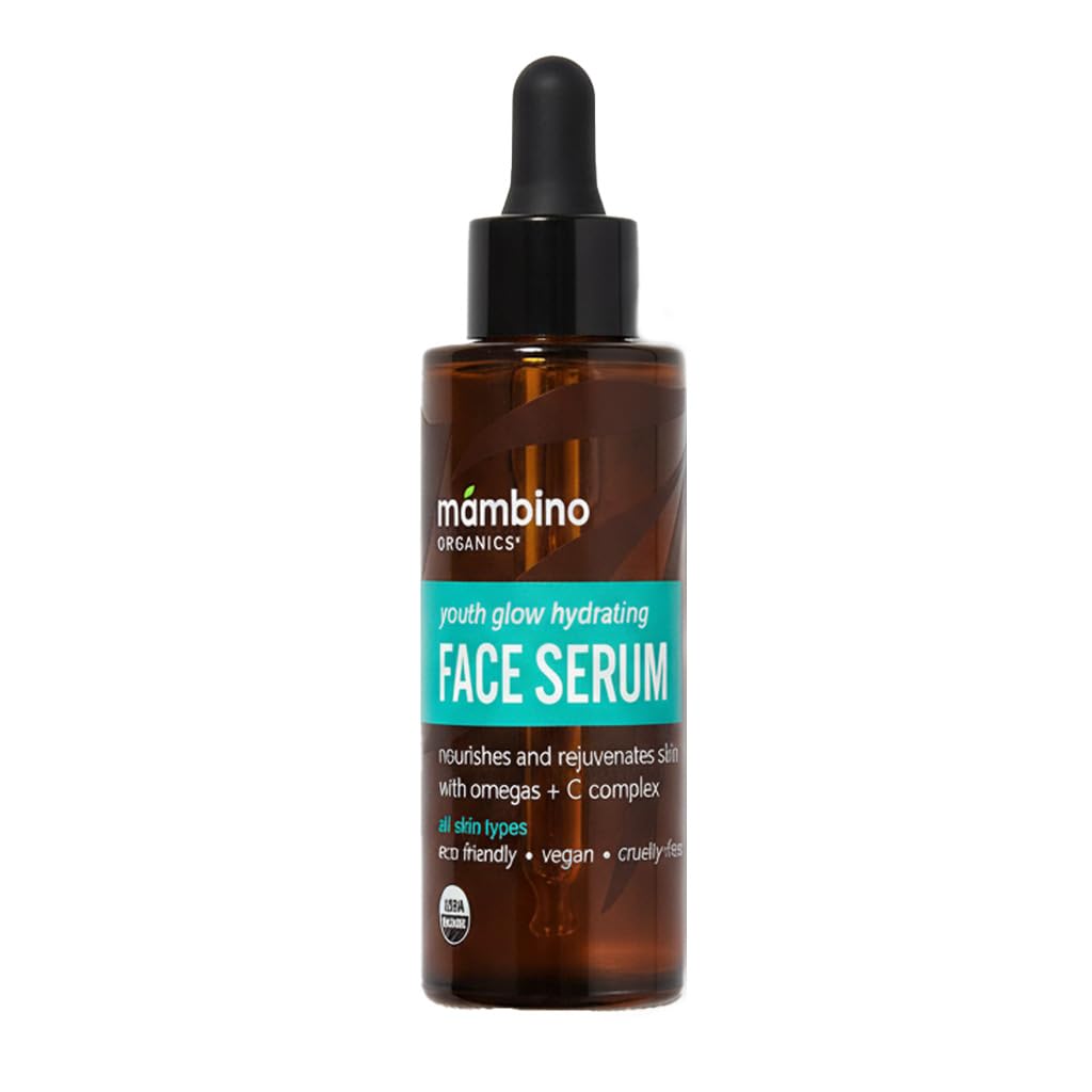Mambino Organics Youth Glow Serum bottle showcases radiant hydration for dry skin