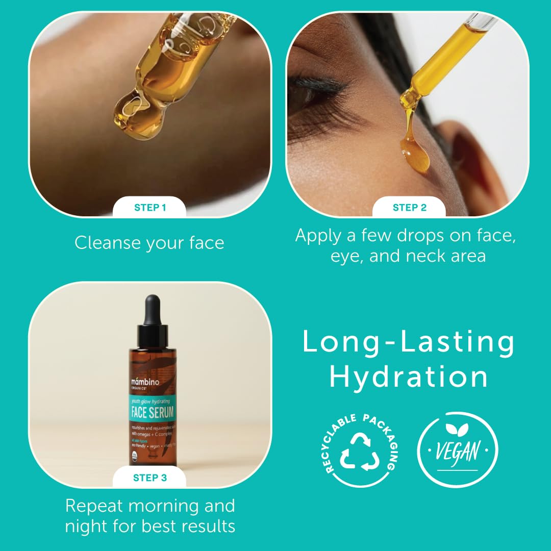 Mambino Organics Youth Glow Serum rose-hip-oil close-up suggests balanced, calm skin