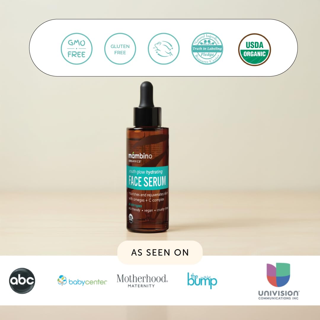 Mambino Organics Youth Glow Serum after-application glow on skin surface.