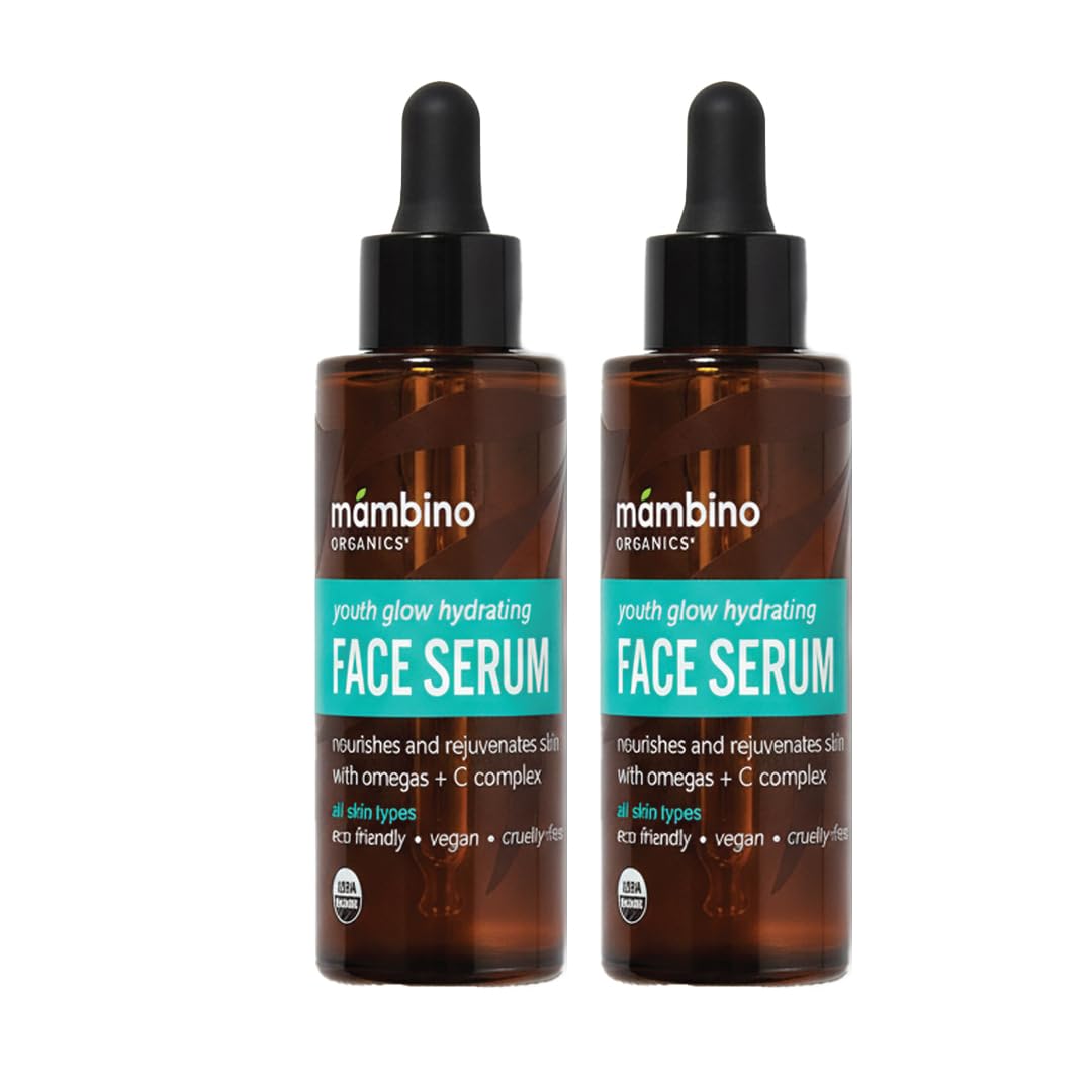 Mambino Organics Youth Glow Serum bottle close-up showing lightweight hydration.