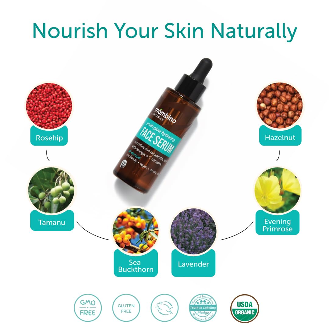 Mambino Organics Youth Glow Serum pump-action ready for daily use with moisture.