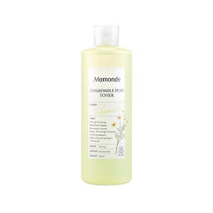 Close-up of Mamonde Chamomile toner liquid highlighting a clear, soothing formula.