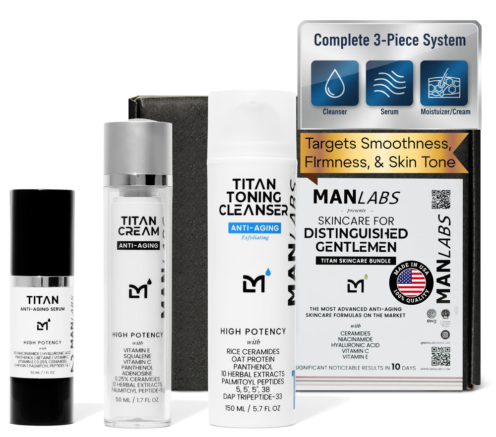 Man Labs Titan cleanser bottle for a refreshing daily wash on a clean surface