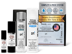 Man Labs Titan toning cleanser bottle refreshing the skin and prepping for the routine