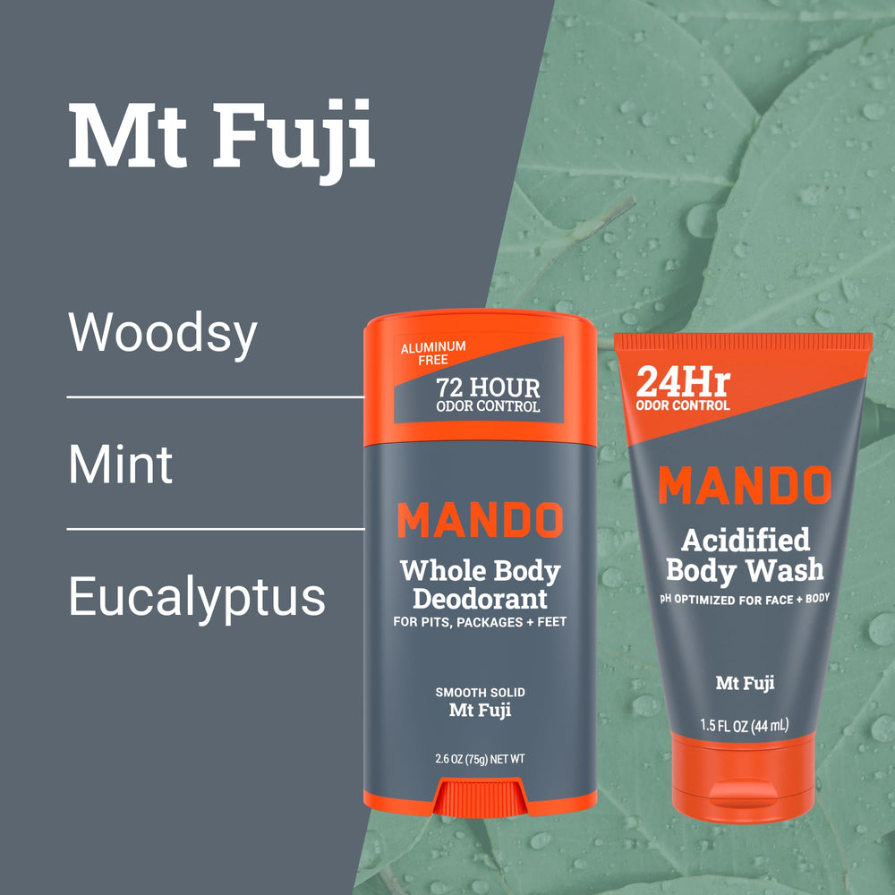Mando Acidified Body Wash bottle emphasizes clean ingredients for body and face.