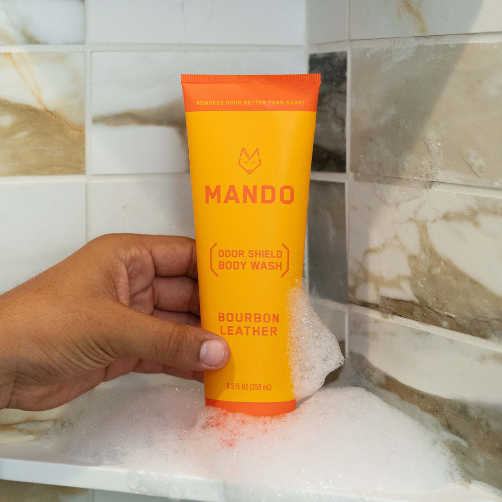 Mando Acidified Body Wash foams into a refreshing daily wash.