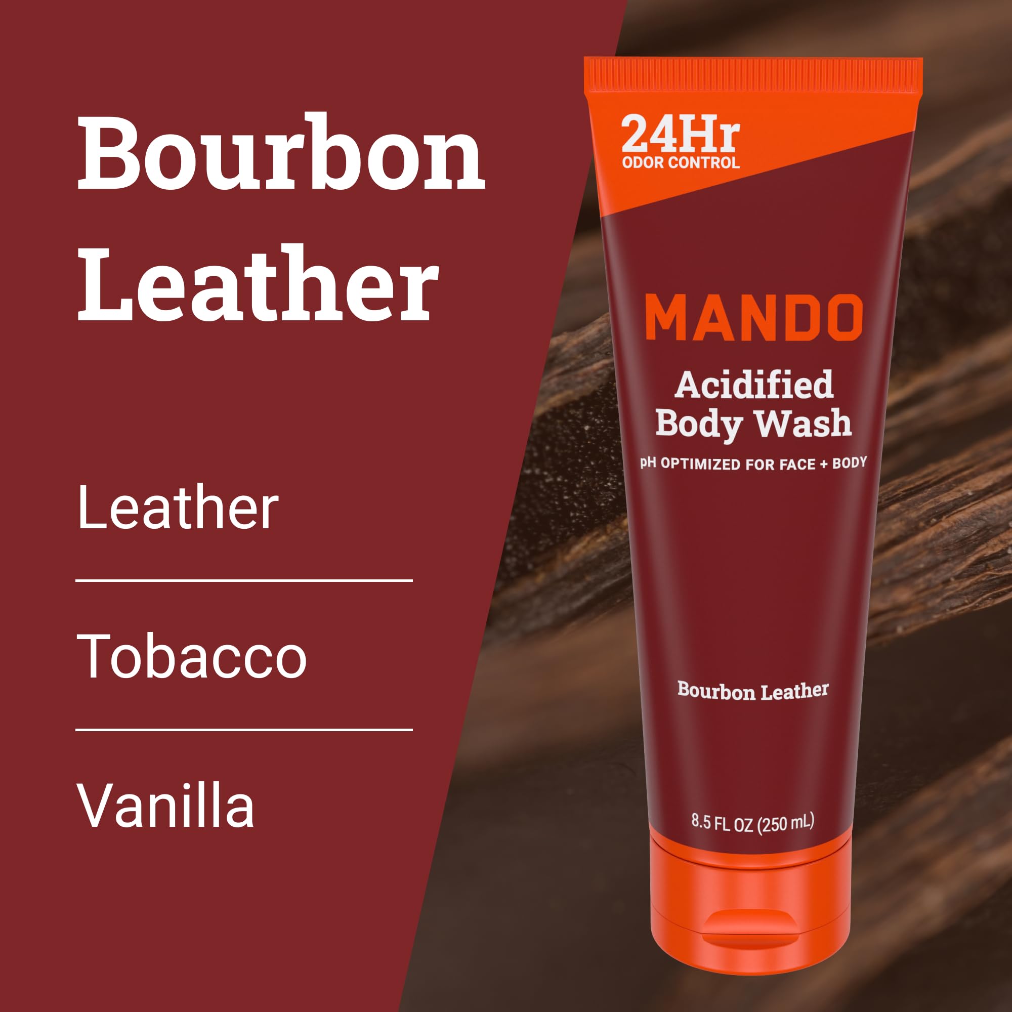 Bourbon Leather label on Mando Acidified Body Wash