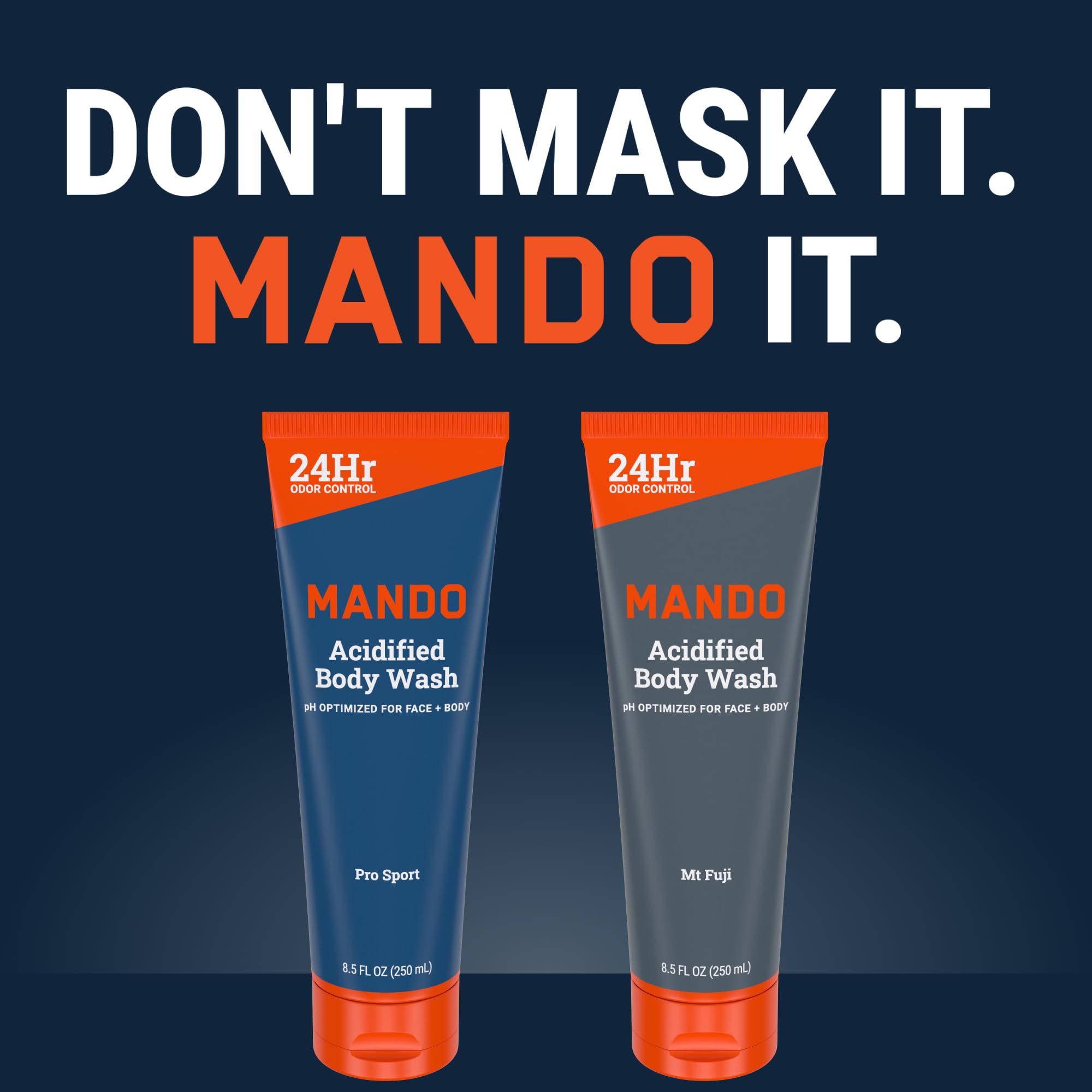 Mando Acidified Body Wash 24h odor control emphasizes all-day freshness.