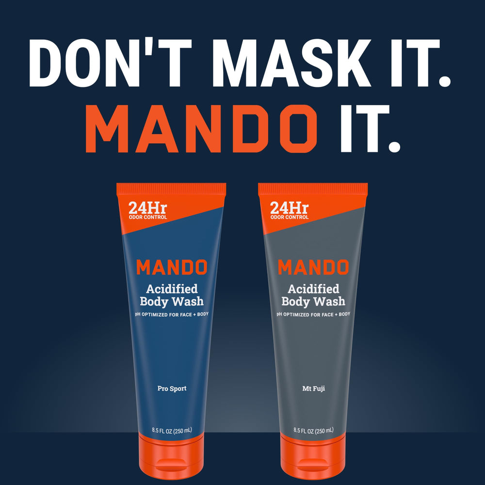 Mando Acidified Body Wash 24h odor control emphasizes all-day freshness.