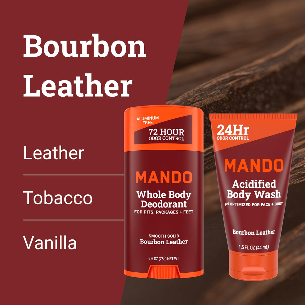 Mando Acidified Body Wash packaging highlights compact size for cleansing on the go.