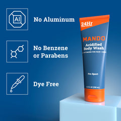Mando Acidified Body Wash pour bottle for easy application.