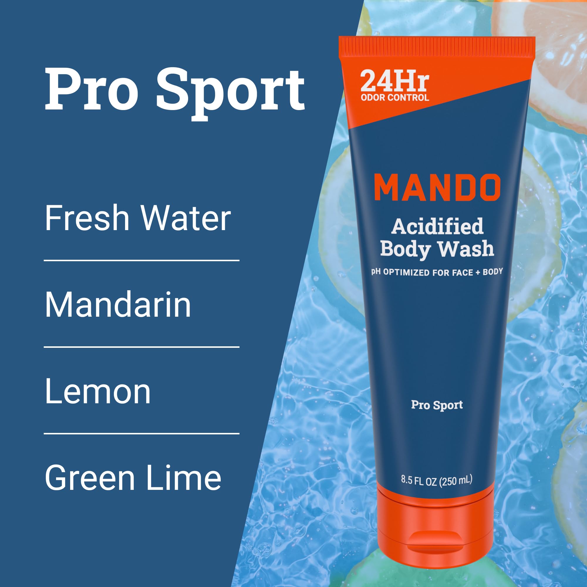 Mando Acidified Body Wash Pro Sport scent for citrus-fresh workouts.