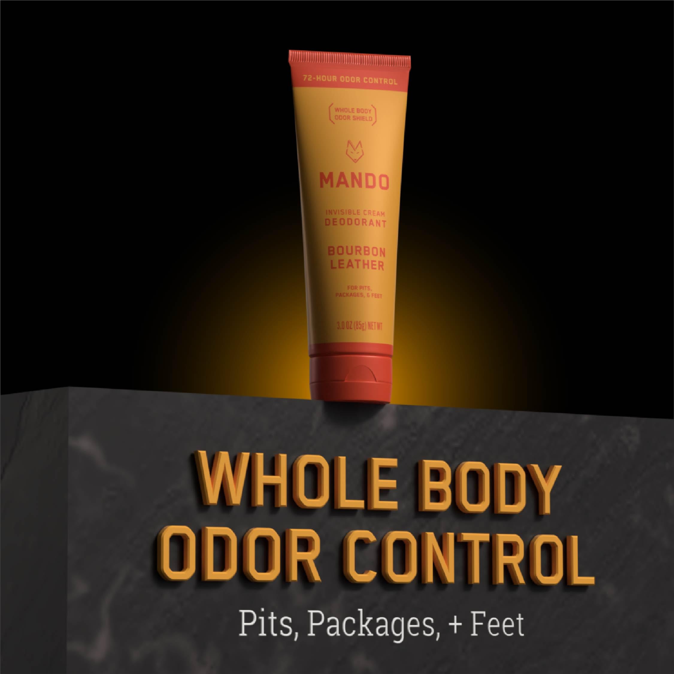 Mando aluminum-free baking-soda-free label highlights gentle skin care.