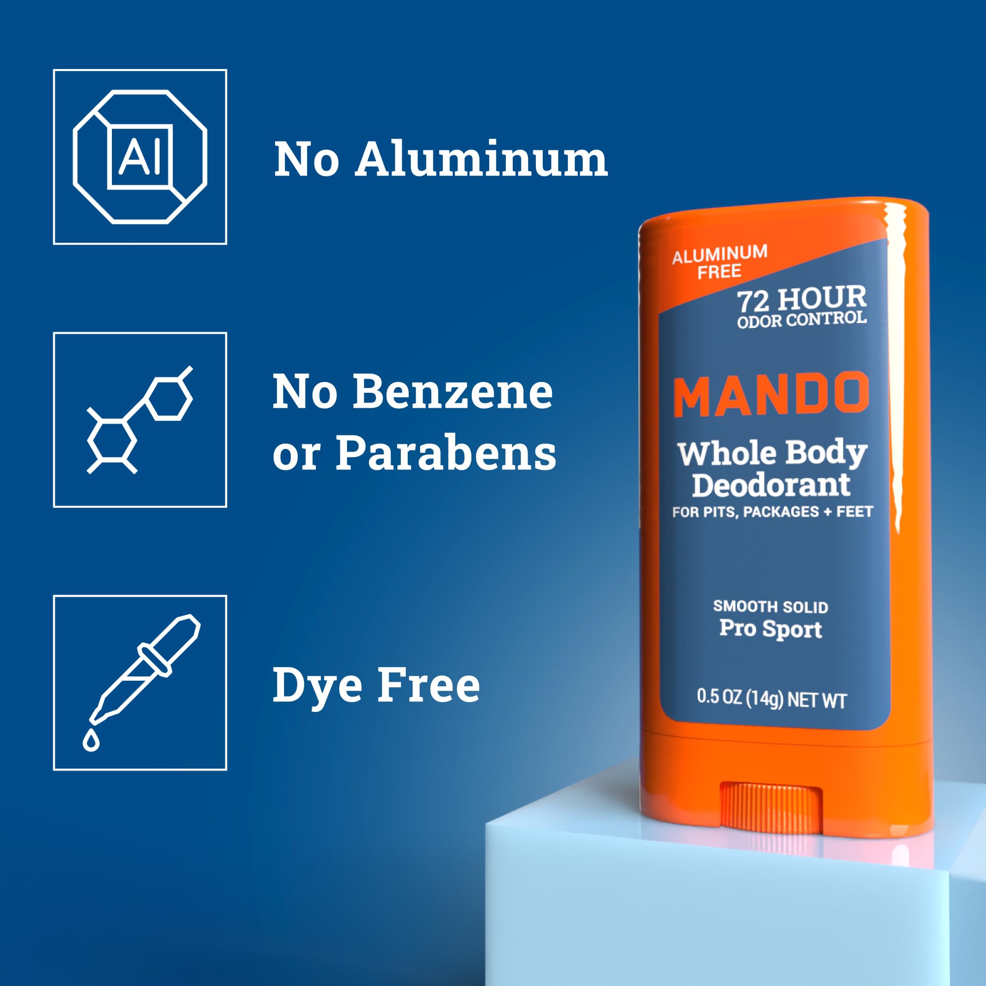 Mando aluminum-free and baking-soda-free formula supports skin-friendly use.