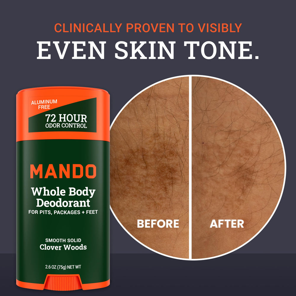 Mando aluminum-free ingredients panel emphasizes skin-safe, gentle formula.