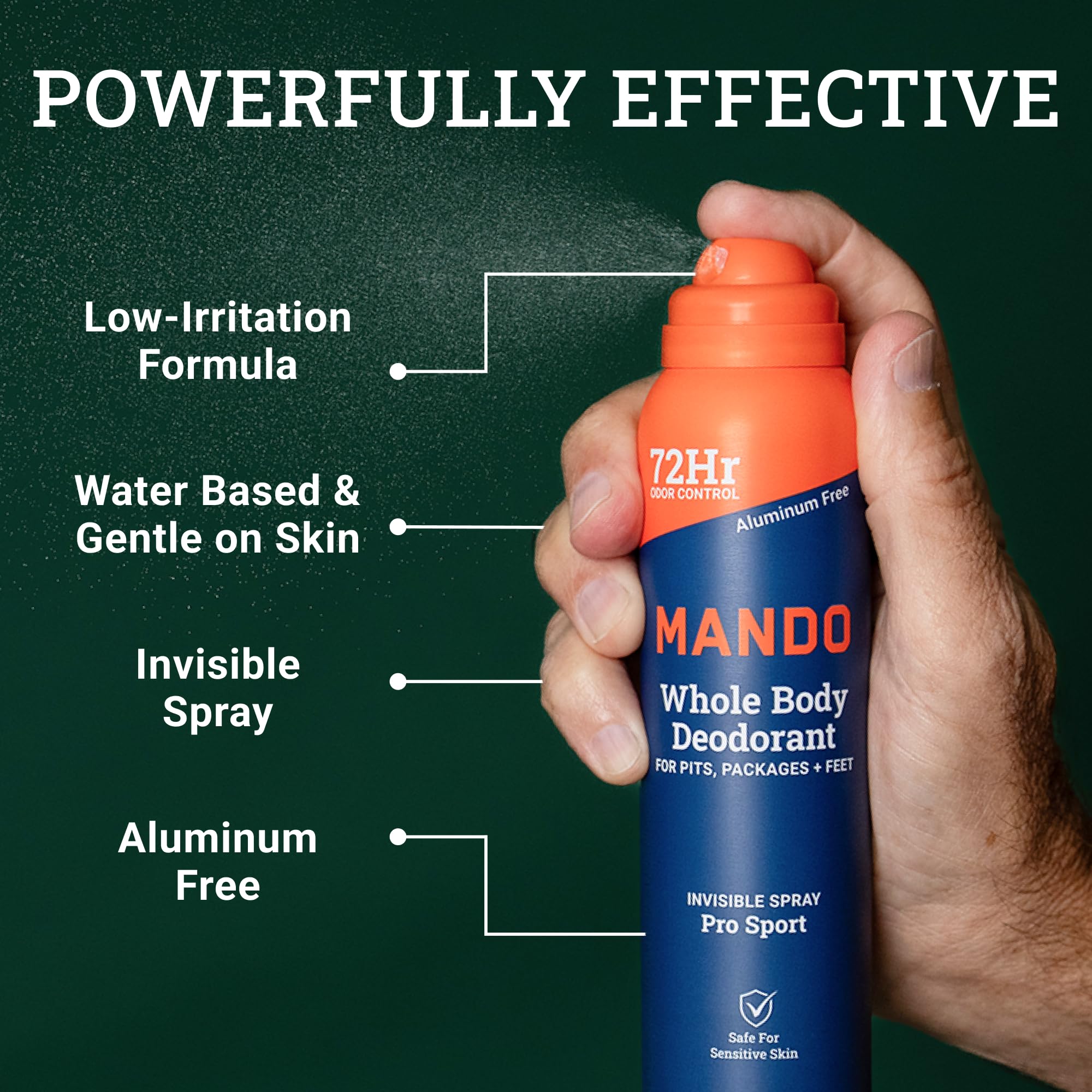 Mando baking-soda-free deodorant emphasizes dermatologist-tested safety.