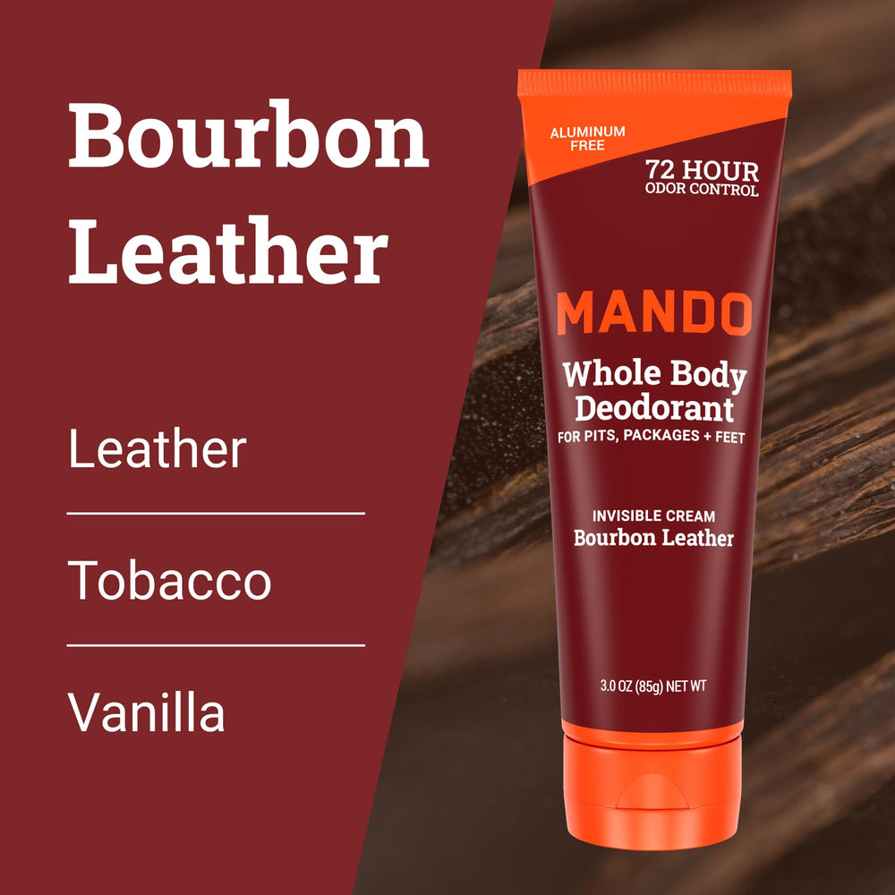 Mando baking soda-free formula graphic indicates gentle odor management.