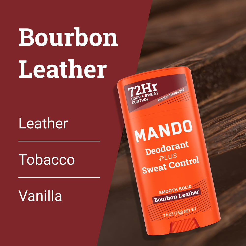 Packaging shot featuring Mando Bourbon Leather and its long-lasting protection messaging.
