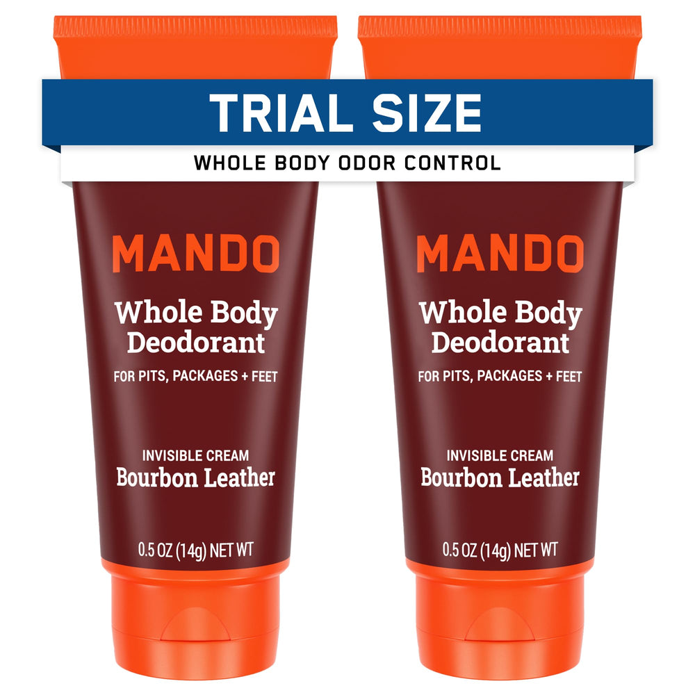 Mando Bourbon Leather deodorant tube close-up for travel use