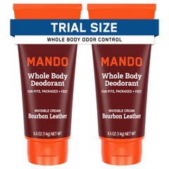 Mando Bourbon Leather deodorant tube close-up for travel use