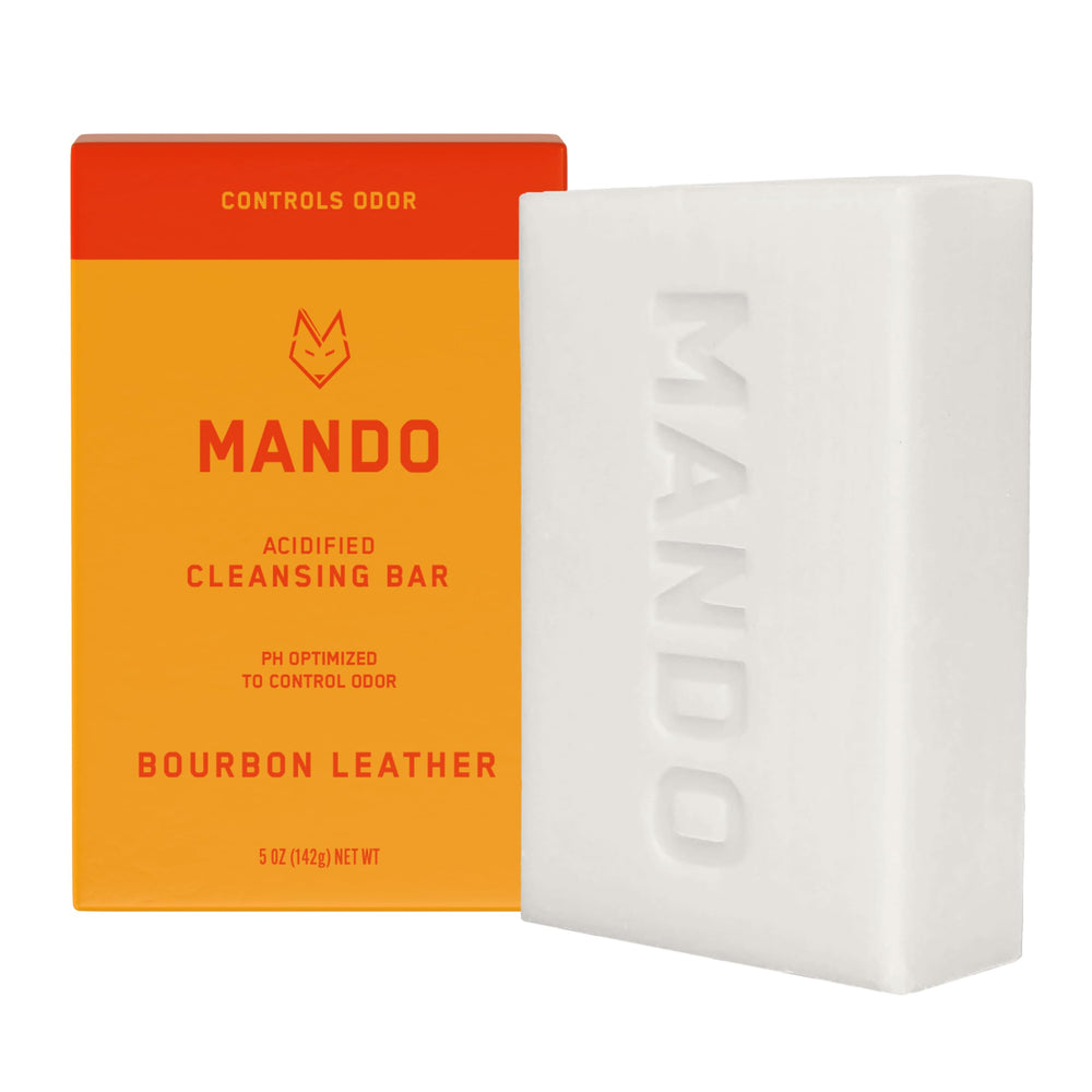 Mando Acidified Cleansing Bar Bourbon Leather packaging highlights odor control and hydration.