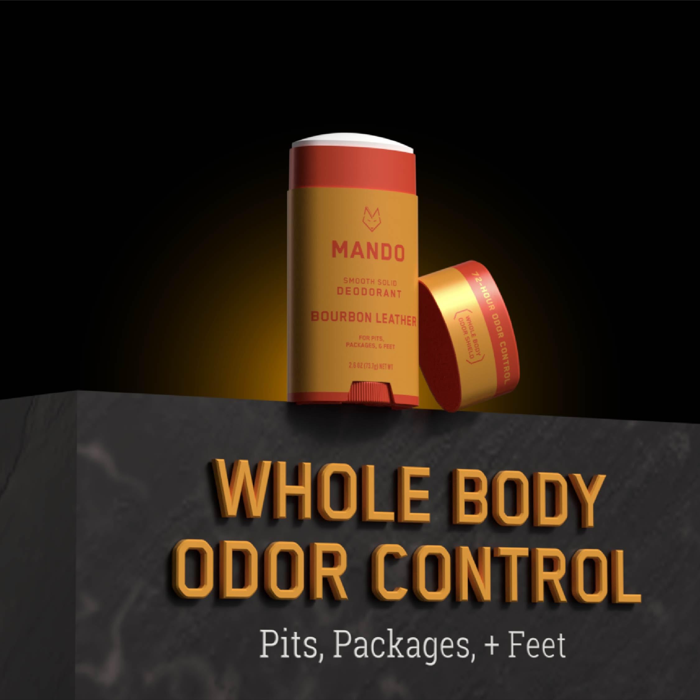 Mando Bourbon Leather scent packaging conveys rugged, masculine aroma.