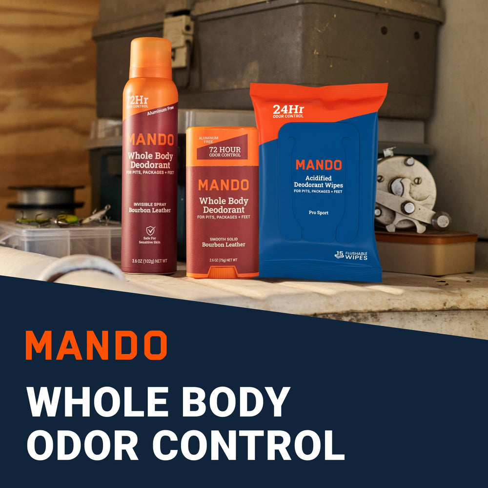 Mando Bourbon Leather spray deodorant bottle for quick refresh.
