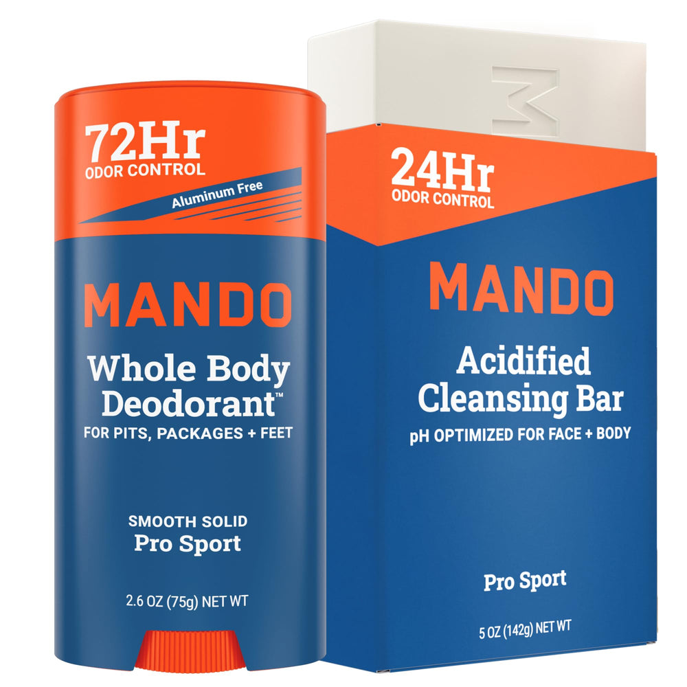 Mando bundle with sport deodorant and cleansing bar shows odor control for all-day freshness.