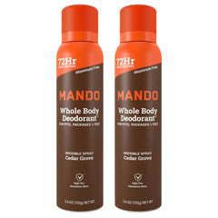 Mando Cedar Grove deodorant spray bottle close-up for all-day freshness.