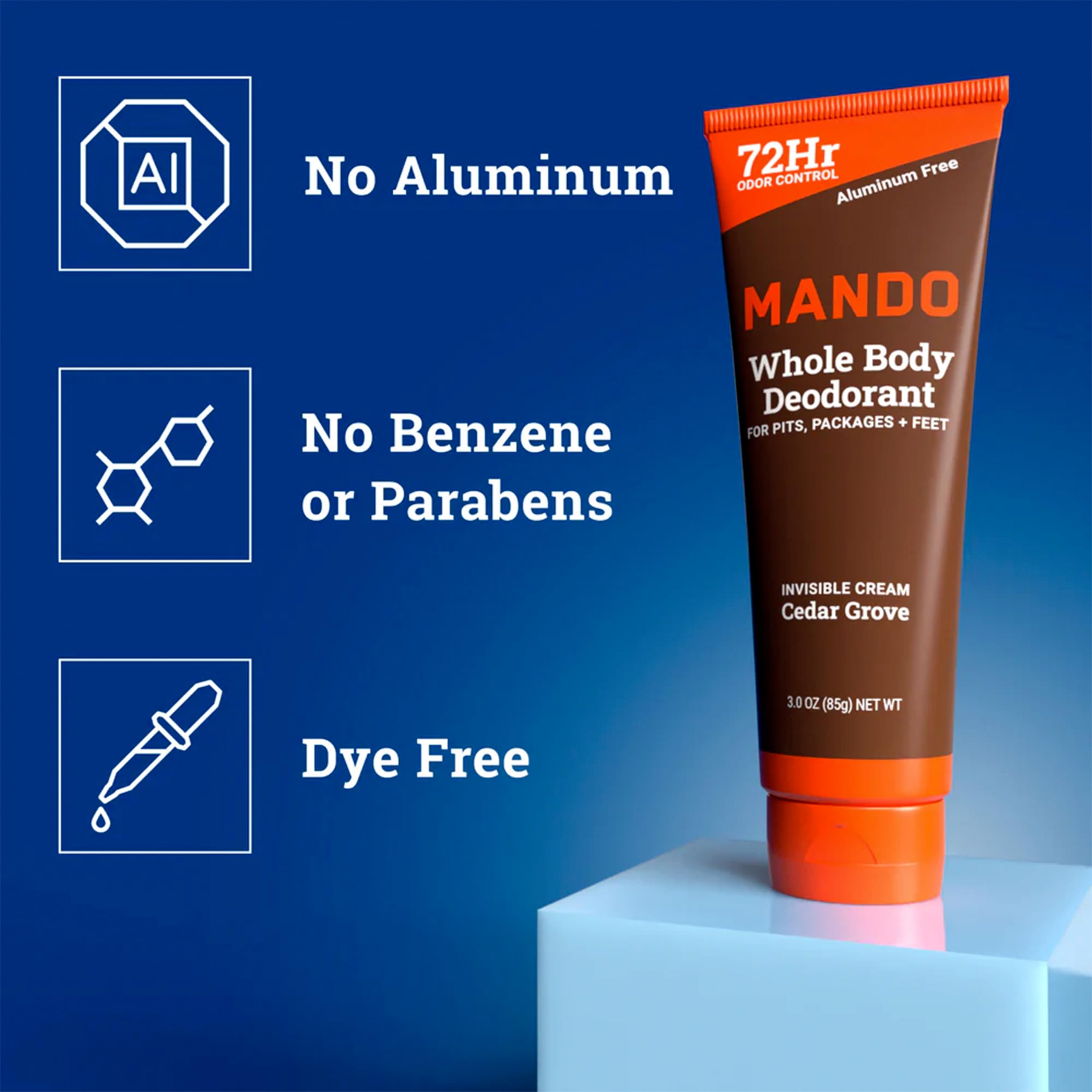 Texture close-up shows creamy, aluminum-free deodorant consistency.
