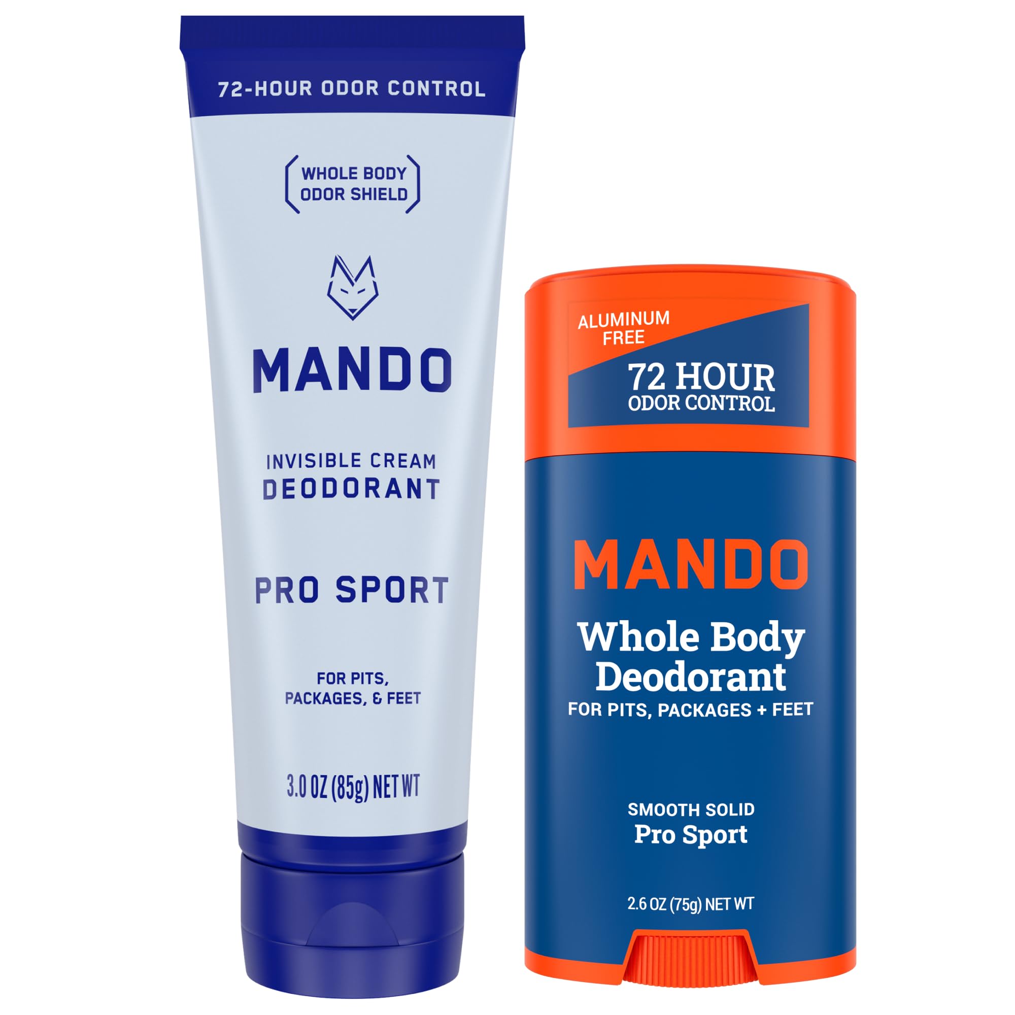 Mando cream bottle close-up showing skin-safe, aluminum and baking soda-free formula