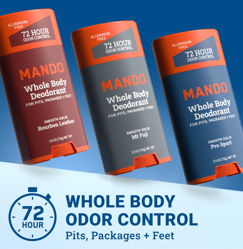 Mando deodorant stick close-up texture shows a skin-safe formula.