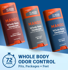 Mando deodorant stick close-up texture shows a skin-safe formula.