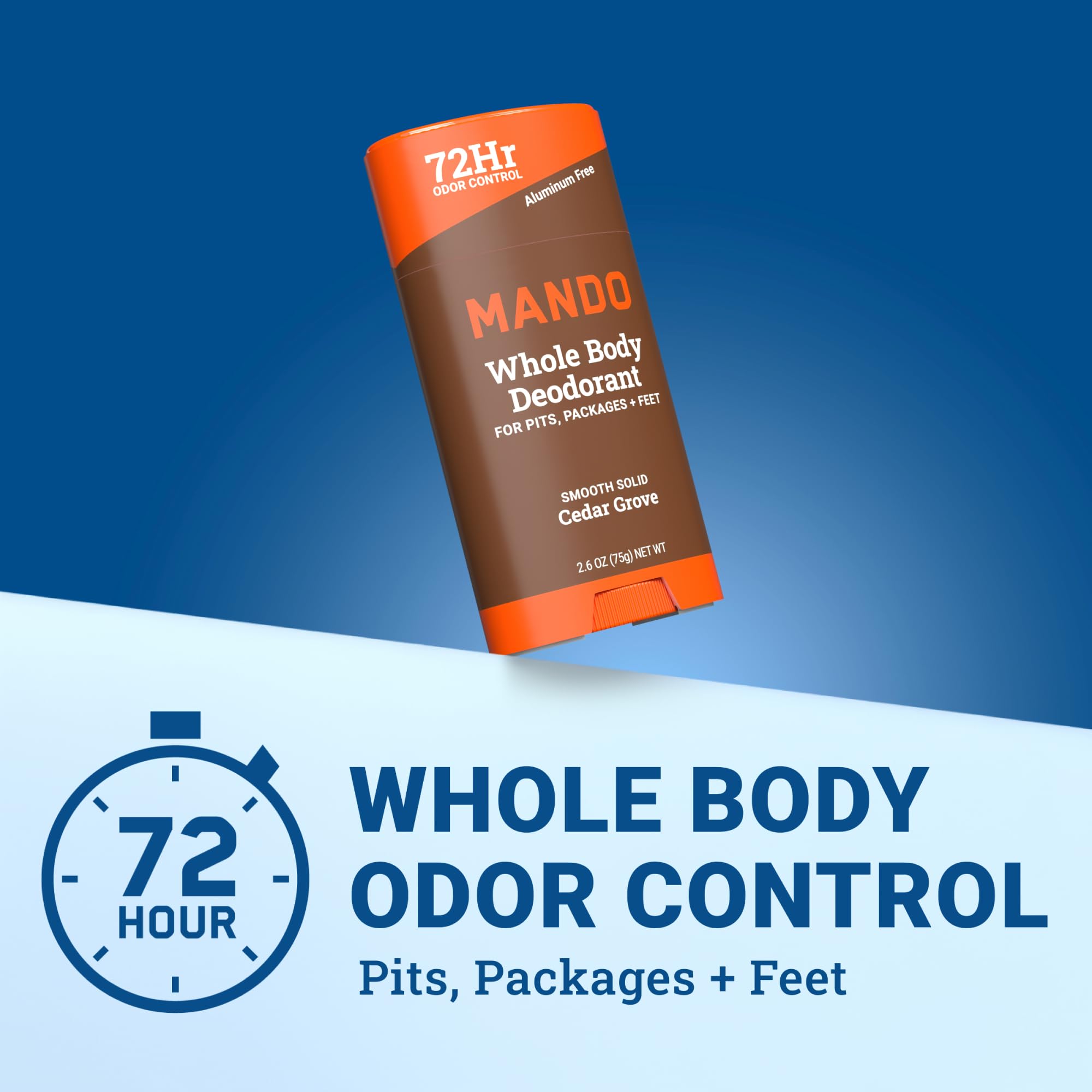 Mando deodorant stick close-up highlighting Cedar Grove formula for freshness