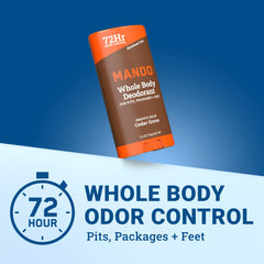 Mando deodorant stick close-up highlighting Cedar Grove formula for freshness